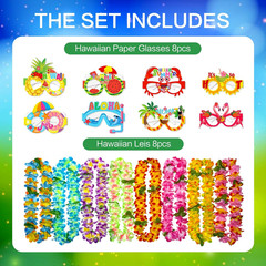 GoodUping 16pcs Hawaiian Leis Party Set with 8 Necklaces and 8 Photo Booth Glass