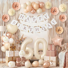 60Th Beige Birthday Decorations for Women, Cream Foil Number Heart Brown Star Ba