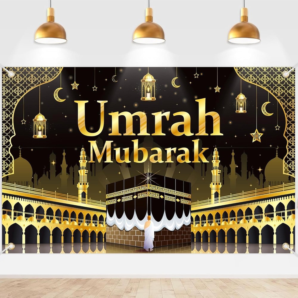 Umrah Mubarak Banner Party Decorations, Gold & Black Backdrop Islamic Party Sup