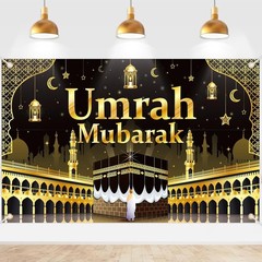 Umrah Mubarak Banner Party Decorations, Gold & Black Backdrop Islamic Party Sup