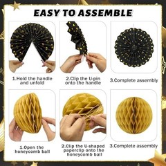 Black and Gold Party Decorations, 13Pcs Hanging Paper Fans Star Foil Curtains…