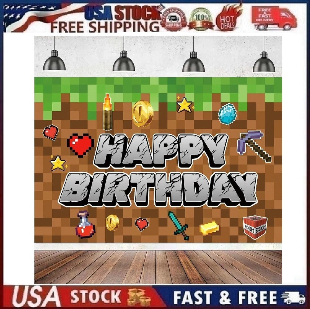 Minecraft Themed Party Backdrop Pixel Photo Background Decoration 60×40” NEW