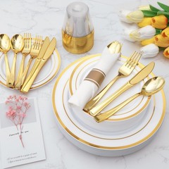 Goodluck 175 Piece Gold Plastic Dinnerware Set for 25 Guests, Fancy Disposabl…