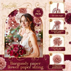 Bachelorette Party Decorations – 15Pcs Burgundy Rose Gold Tissue Pom Poms Cir…
