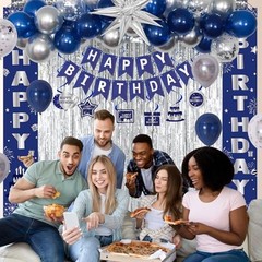Blue Birthday Decorations for Men Women Boys, Happy Birthday Blue Silver