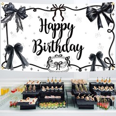 Coquette Black Bow Happy Birthday Backdrop Girls Women Photography 5.9×3.6 Ft