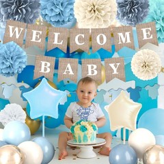 Dusty Blue Baby Shower Decorations- Boy Baby Shower Decor Set with- Welcome Baby