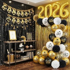 2026 Graduation Decorations – Black & Gold Balloons, Congrats Grad Banner, Party