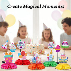 15 Pcs Birthday Table Centerpieces Set – Colorful Honeycomb Balls & Wooden Table