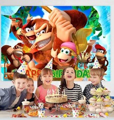 Donkey Kong Happy Birthday Banner Backdrop Diddy Dixie Kong 5’x3′ Party Decor