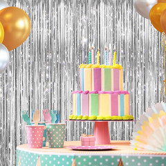 2 Pack Silver Metallic Tinsel Foil Fringe Curtains, Door Streamers Photo Booth B