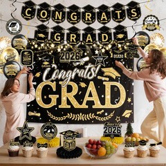 Graduation Decorations 2026 Set Black Gold, Congrats Grad Decor Gold,black