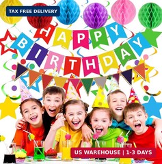 Colorful Birthday Decorations, Happy Birthday Banner with Honeycomb Balls, Stars