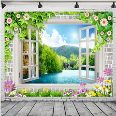 Flowers Spring Garden Window Photography Backdrop Birthday Background Banner