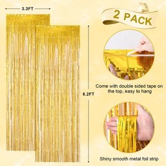 2 Pack Laser Gold Foil Fringe Backdrop Curtains, Tinsel Streamers, Party Decor