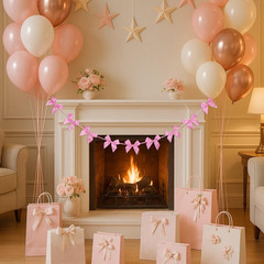 2 Pack Pink Bow Garland Banner Pre-Strung, Coquette Birthday Decorations Satin R