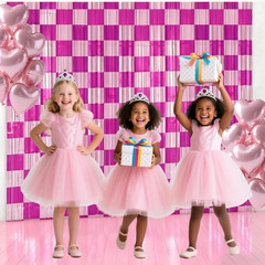 Birthday Party Streamers Decorations Pink White Checkered Foil Fringe Decor