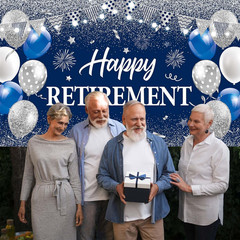 Blue Silver Happy Retirement Banner Large Retirement Party Banner Backdrop for I