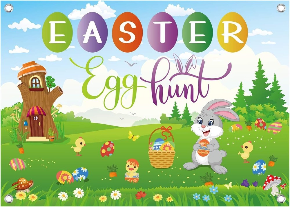 Extra Large 6.9FT*5FT Easter Egg Hunt Photo Booth Kids Funny Banner Decorations