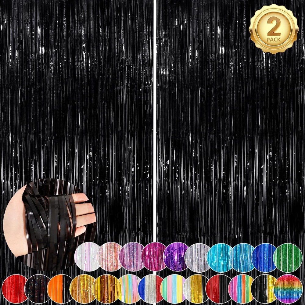 Black Fringe Curtain Party Streamers 2Pack 3.3×8.3 Ft Foil Fringe Backdrop