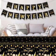 Happy New Years Eve Decorations 2026 – Black Gold Happy New Year Banner, New