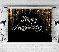 Happy Anniversary Backdrop Party Decorations, Black Gold Glitter Bokeh Dots W…