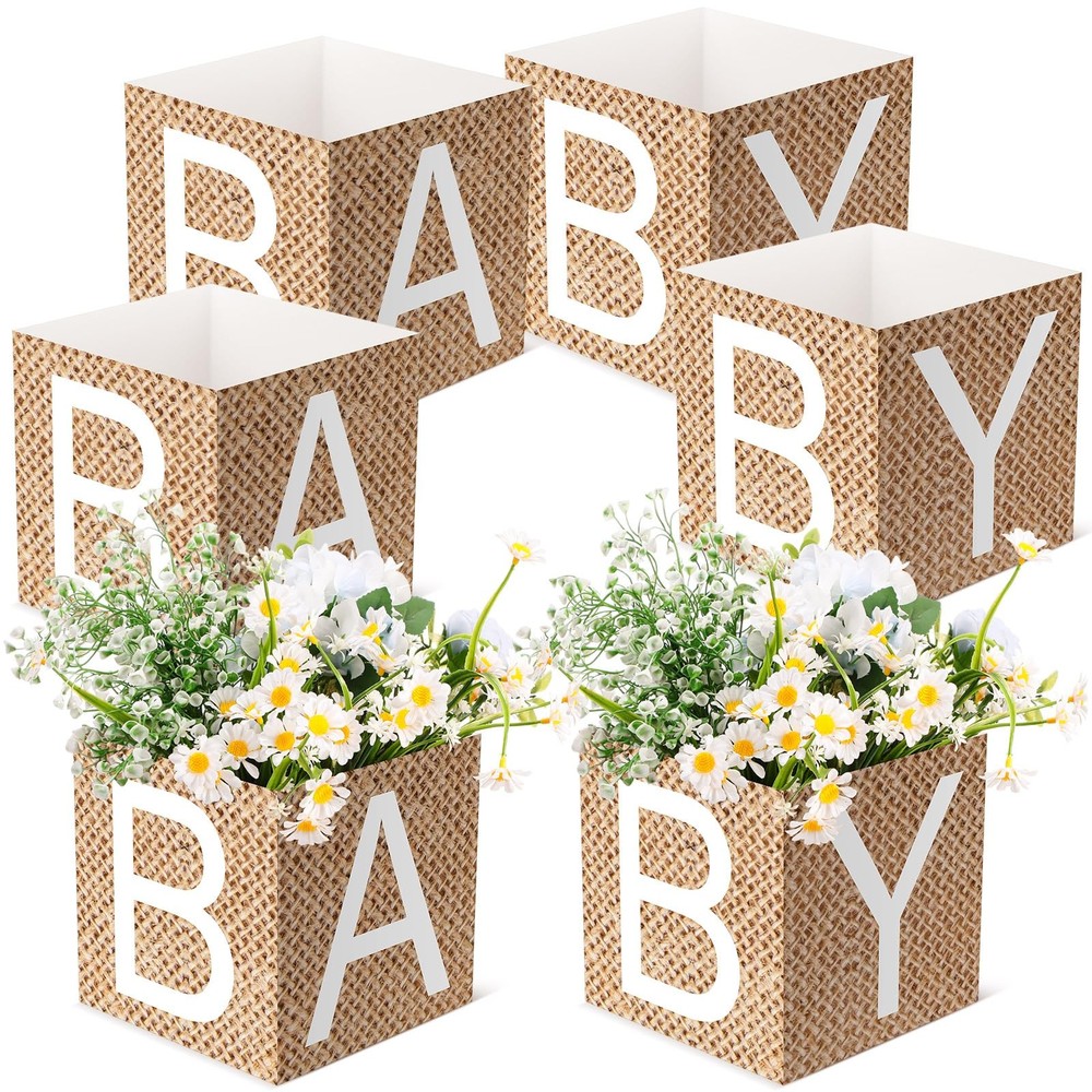 6 Pcs Burlap Print Baby Shower Party Decorations Baby Flower Boxes Centerpiec…
