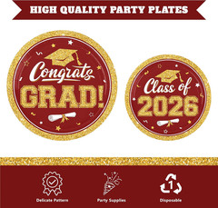 Maroon Gold Graduation Decorations 2026,200Pcs Maroon Graduation Plates and Napk