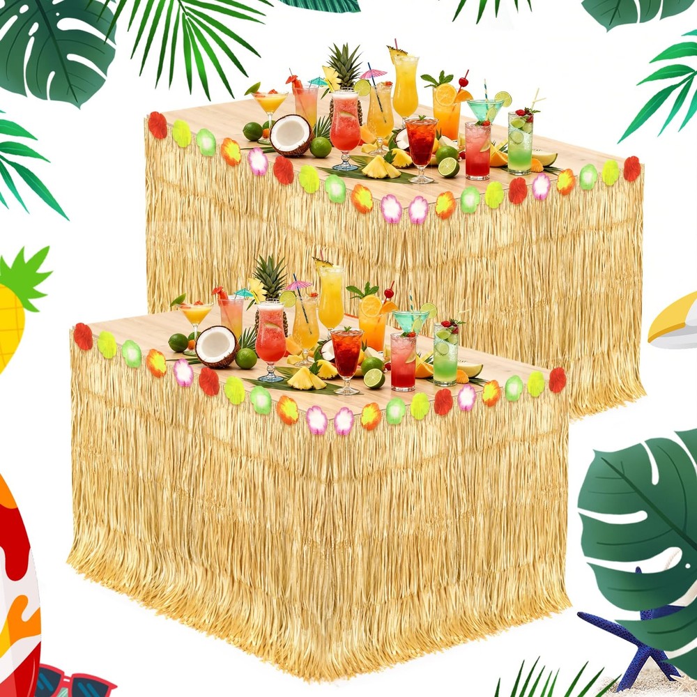 2 Pack Hawaiian Grass Table Skirt 108″ x 29.5″, Laua Party Decorations Grass …