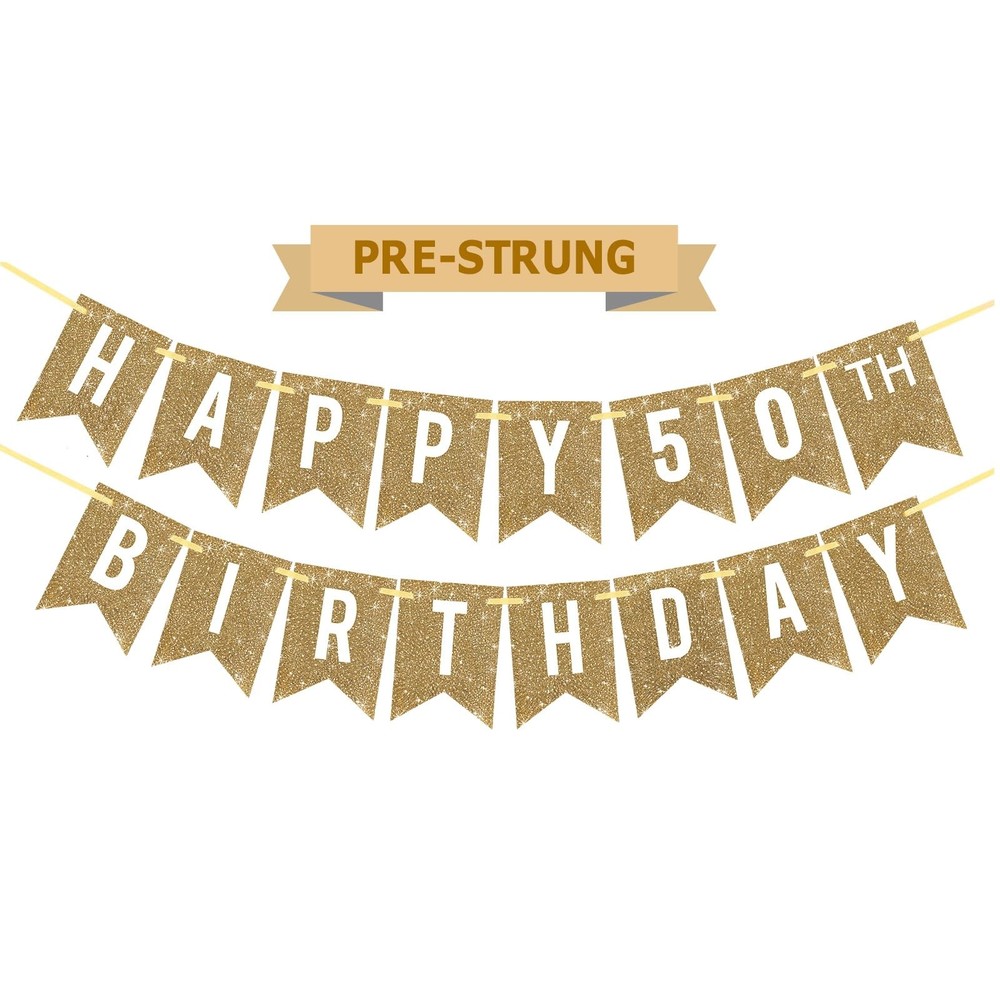 Netnology Pre-Strung Gold Happy 50th 12 ft x 14 in, Birthday