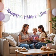 Happy Mothers Day Banner White Flowers Pastel Purple Garland Lavender Letter Sig