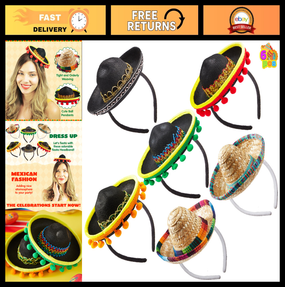 6 PCS Cinco De Mayo Fiesta Sombrero Headbands – Party Costume Accessories, Luau