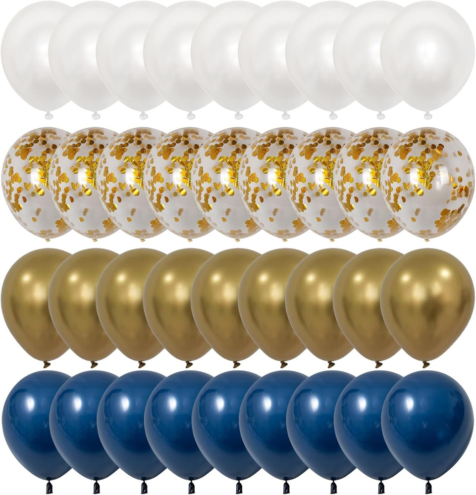 75Pcs Navy Blue Gold Confetti Balloons, Dark Blue Pearl White Metallic Gold Ball