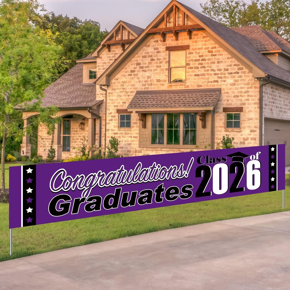 2026 Graduation Decorations Purple and Black Graduation Banner Large Congratu…
