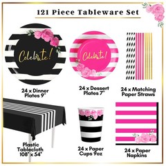 121 Pc Black and Pink Birthday Decorations – Disposable Tableware Set – Serve…