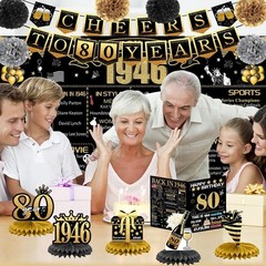 80th Birthday Decorations Kit Black Gold Back in 1946 Banner Set for Men Women