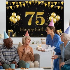 Happy 75th Birthday Banner, Black Gold 75th Birthday Party Decorations for Me…