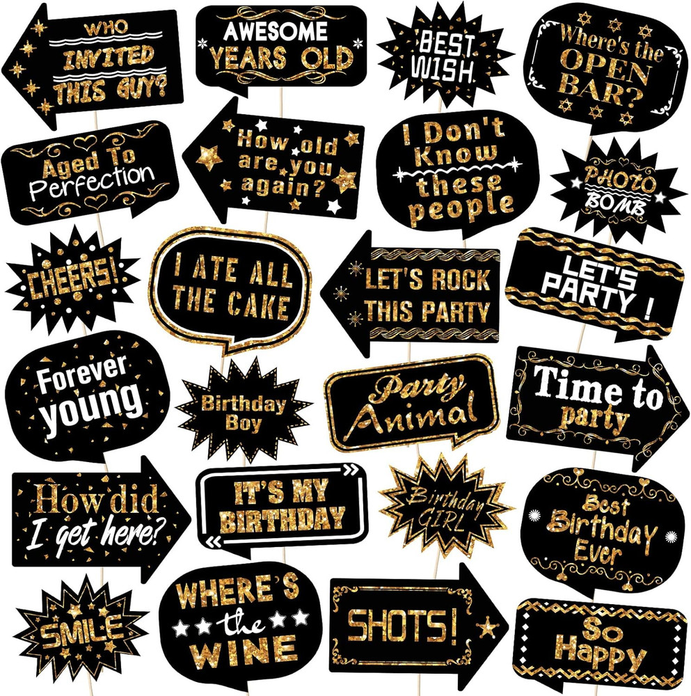 24 Pieces Outus Photo Booth Props Birthday Wedding Graduation Gold