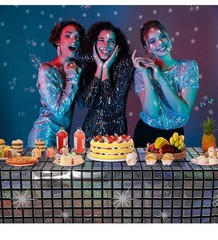 6 Pcs Disco Tablecloth Party Decorations, Holographic Silver Glitter Plastic Ta