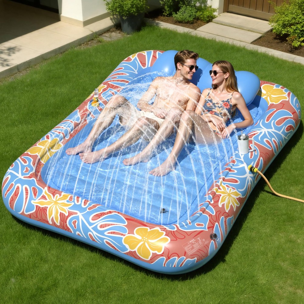 Inflatable Tanning Pool Lounger Float with Sprinkler, XXL Large Pool Floats A…