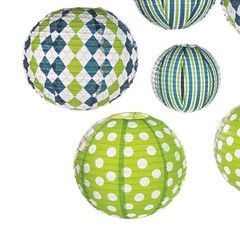 3 Green and Blue Patterned Paper Lanterns Argyle Stripes Polka Dots 12″ 16″ 18″