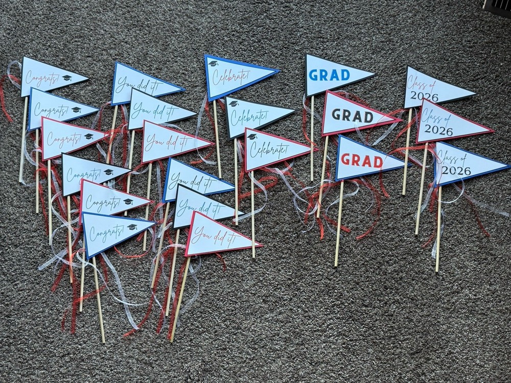 Graduation Centerpiece Pennant Flags (21) Red, Blue, Black, & White