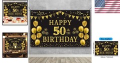 50th Birthday Celebration Backdrop – Lightweight Gold Black 5.9ft x 3.6ft Decor