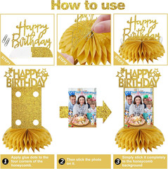 8Pcs Honeycomb Birthday Decorations – Gold Glitter Centerpieces for Women & Men,