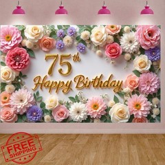 Flower 75th Birthday Banner Decorations for Women Pink Roses Floral Happy 75t…