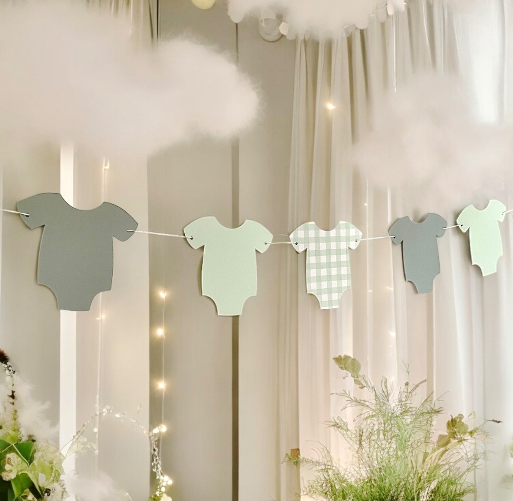Sage Green Gingham Baby Shower Garland, Assembled Bodysuit Banner