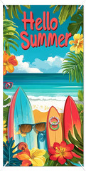 Hello Summer Decorations Surfboard Beach Door Cover Backdrop 71X35 Inch