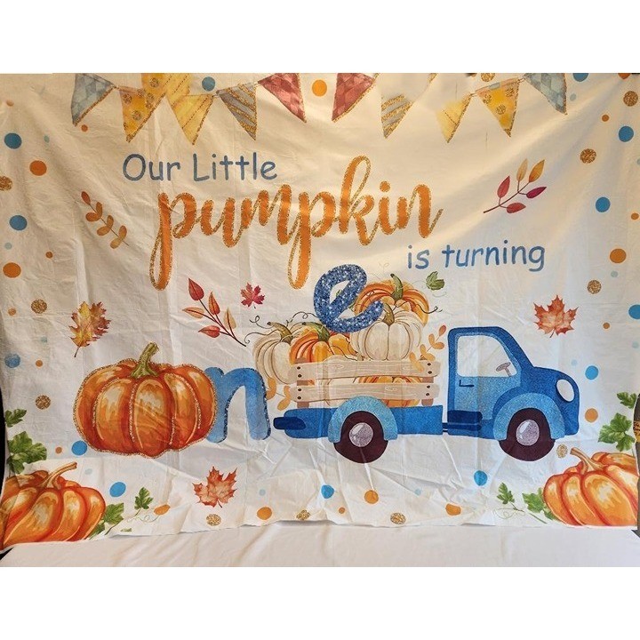 Our Little Pumpkin Is Turning One Blue Truck First Birthday Photo Backdrop Large