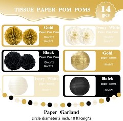 14PCS Black and Gold Party Decorations, Tissue Paper Pom Poms, Paper Lanterns…