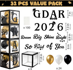 4 Pcs 2026 Graduation Balloon Boxes, Black & Gold Party Decorations with Bles…